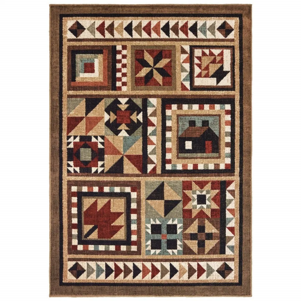 10' X 13' Brown And Red Ikat Patchwork Area Rug
