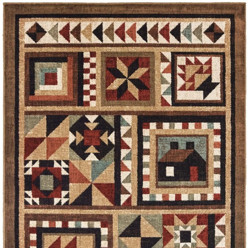 10' X 13' Brown And Red Ikat Patchwork Area Rug