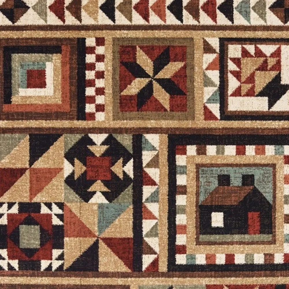 10' X 13' Brown And Red Ikat Patchwork Area Rug