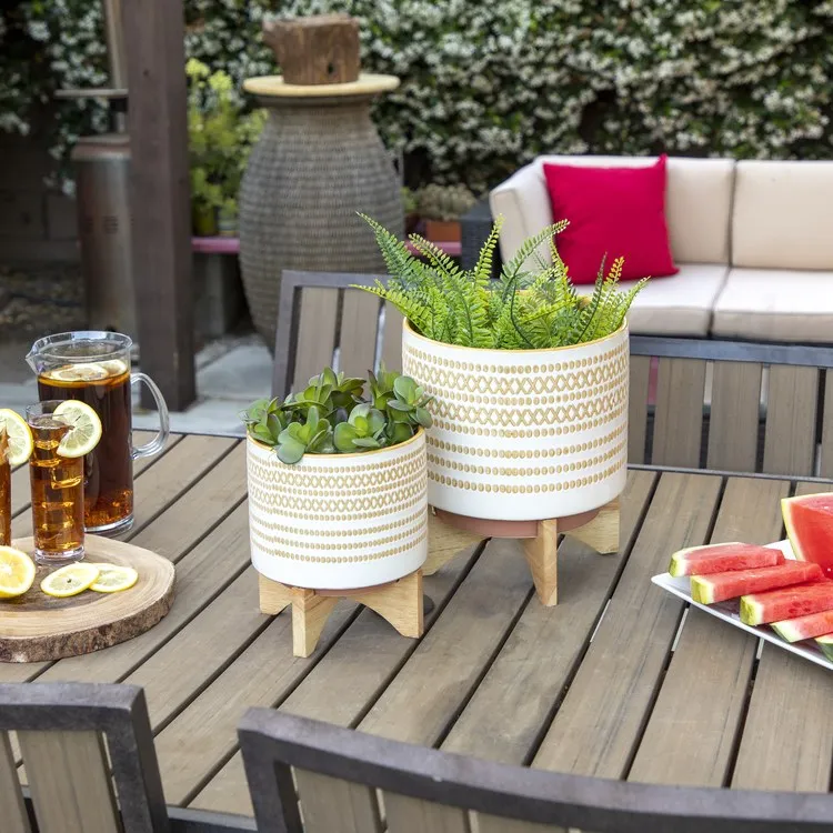 11.5" Dotted Ceramic Planter on Wood Stand - Yellow