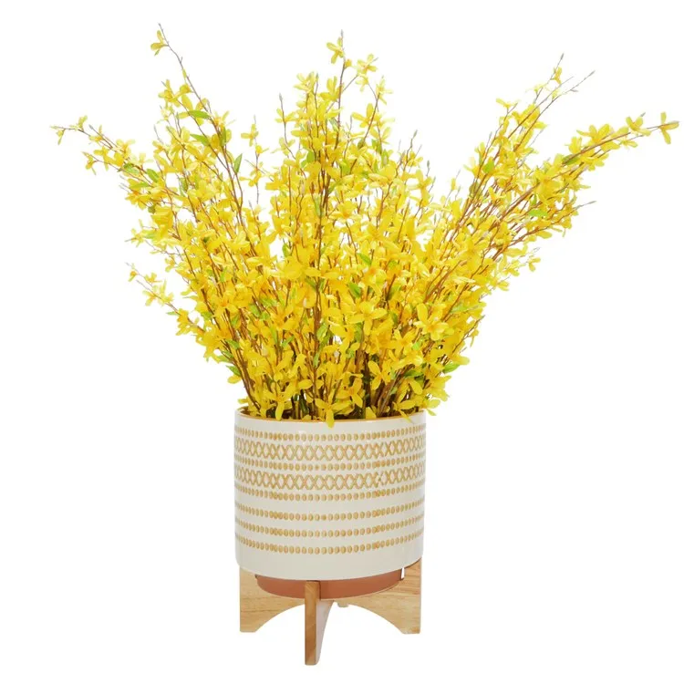 11.5" Dotted Ceramic Planter on Wood Stand - Yellow