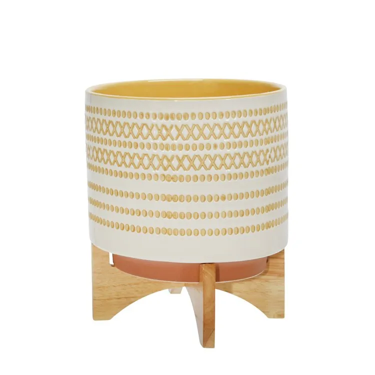 11.5" Dotted Ceramic Planter on Wood Stand - Yellow