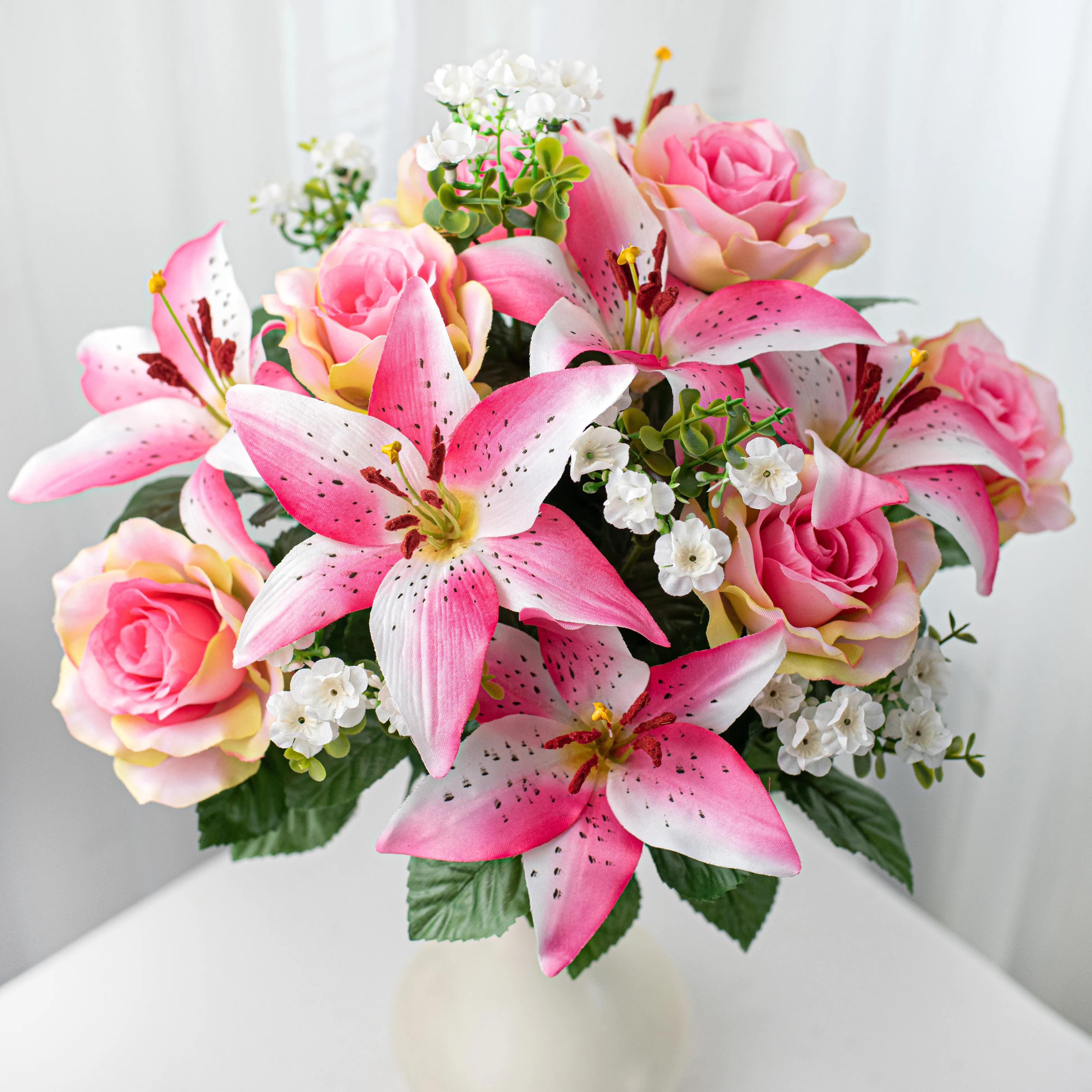 22" Tiger Lily, Rose, Peach Blossom Bush: Pink