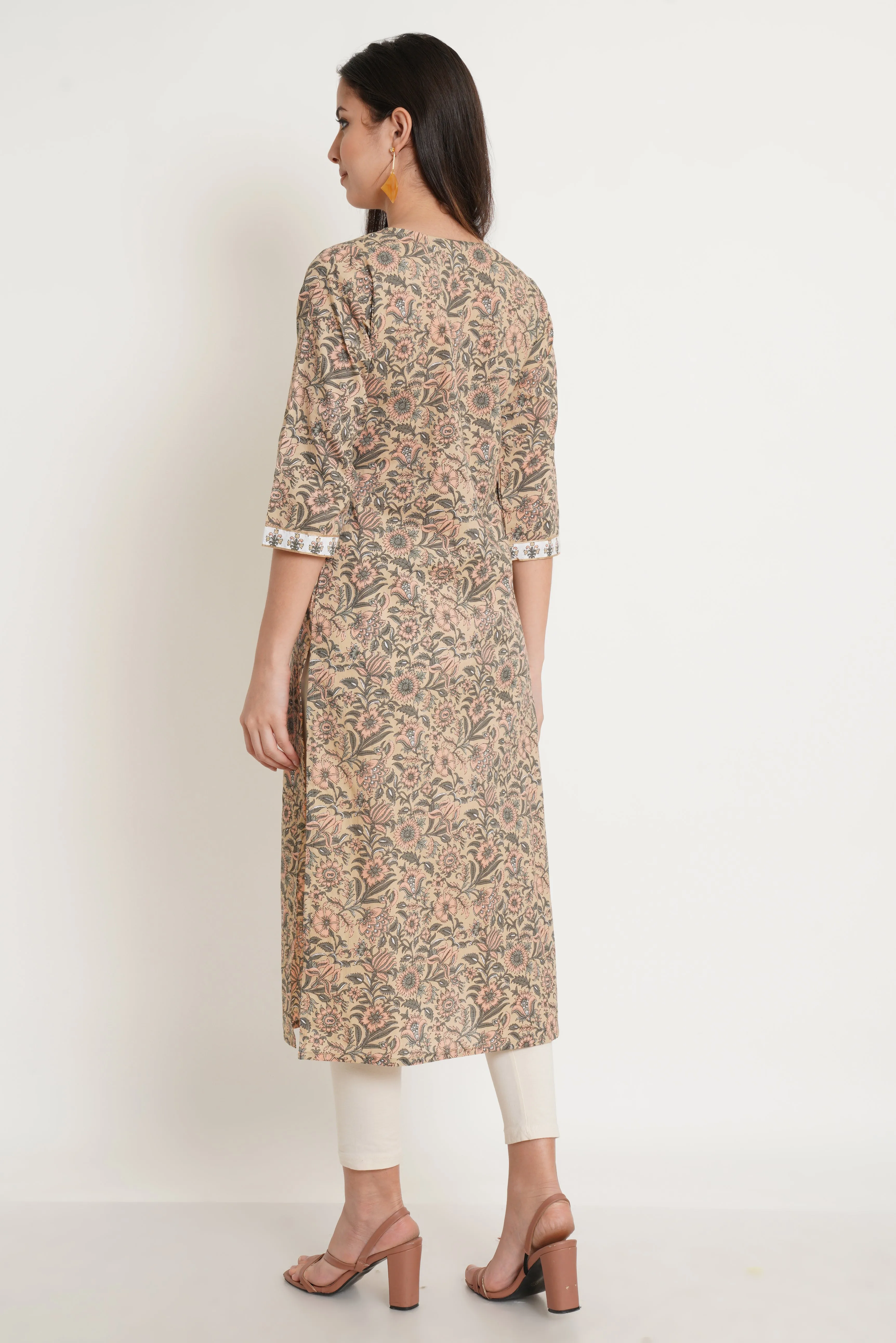 Beige Traditional Jaipuri Kurta For Women