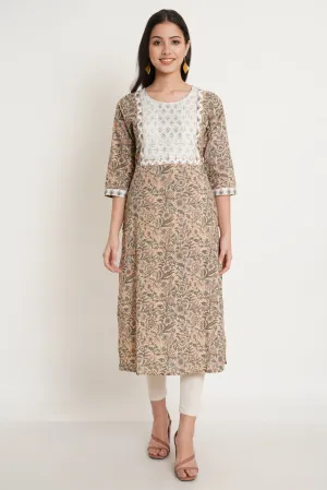 Beige Traditional Jaipuri Kurta For Women