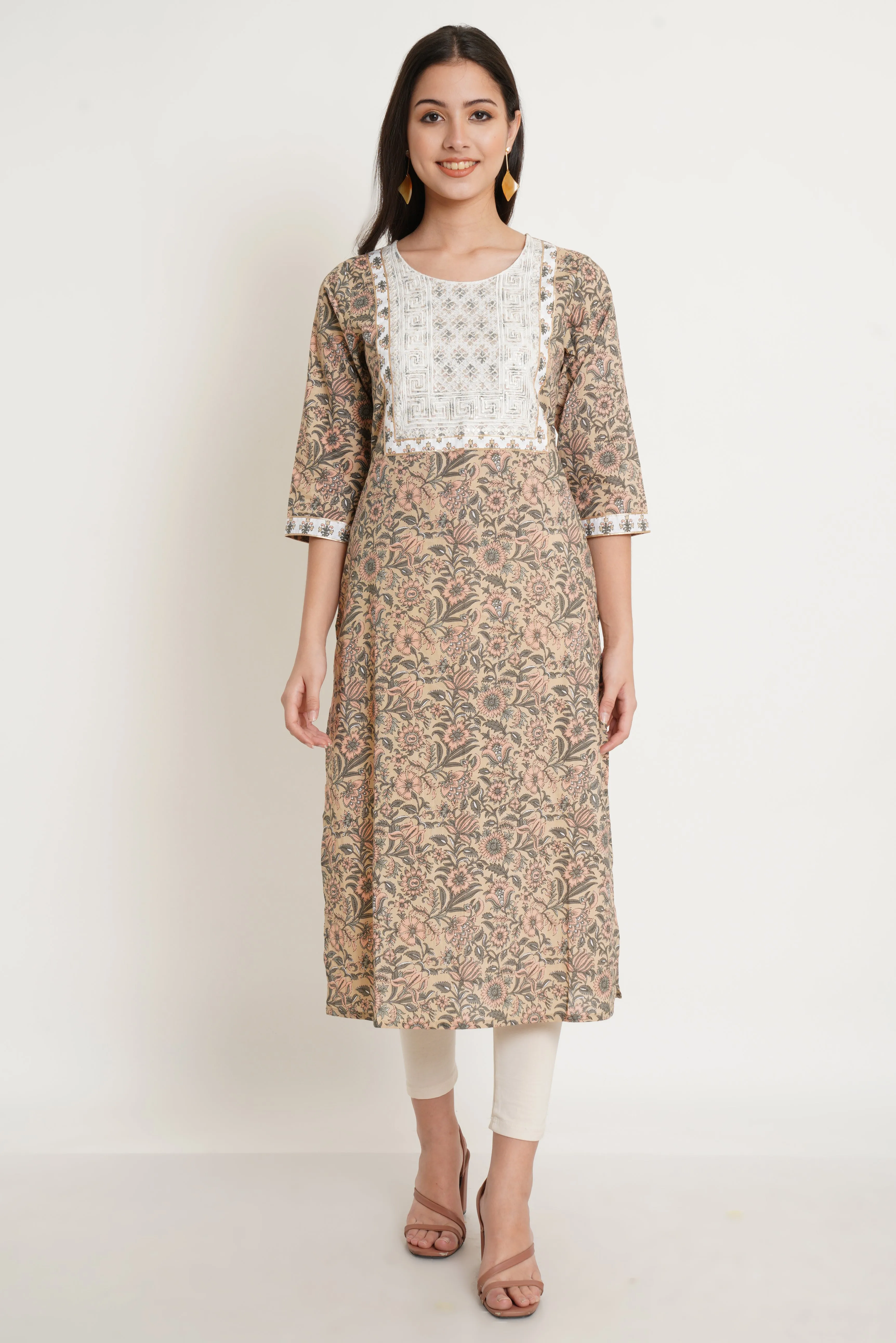 Beige Traditional Jaipuri Kurta For Women
