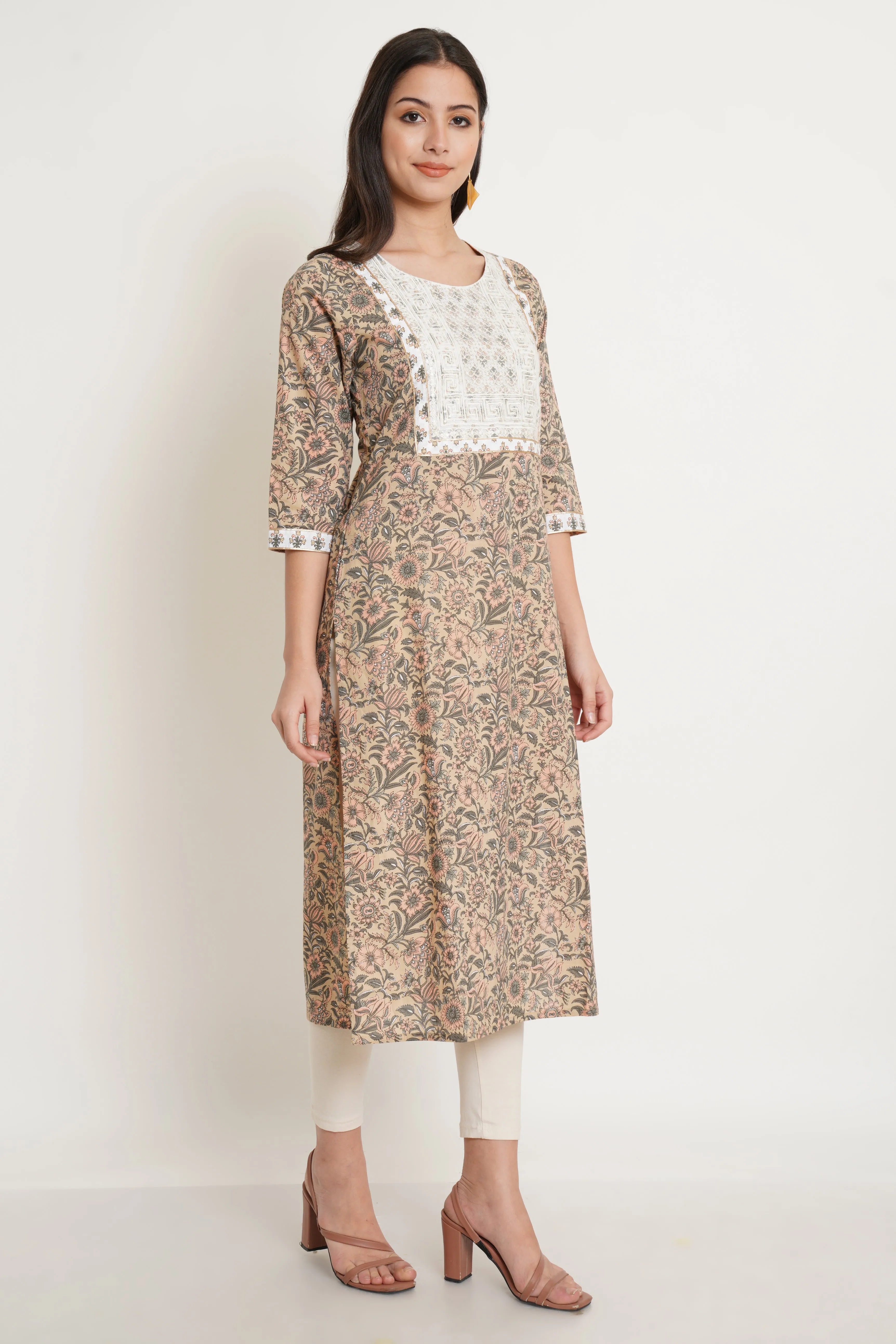 Beige Traditional Jaipuri Kurta For Women