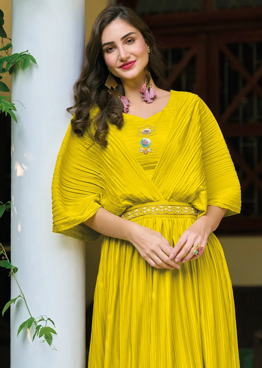 Bright Yellow Chinon Party Wear Crushed Gown