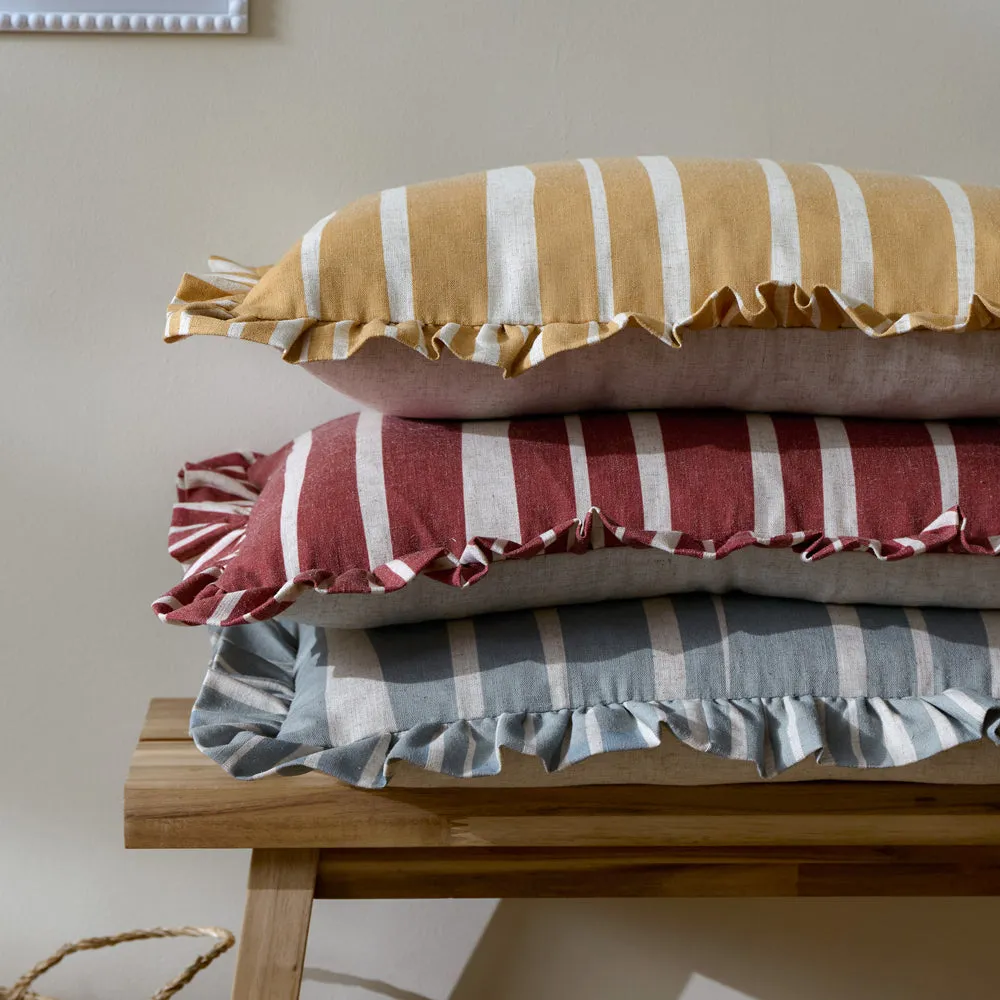 Carmon Stripe Ruffle Cushion Linen/Red