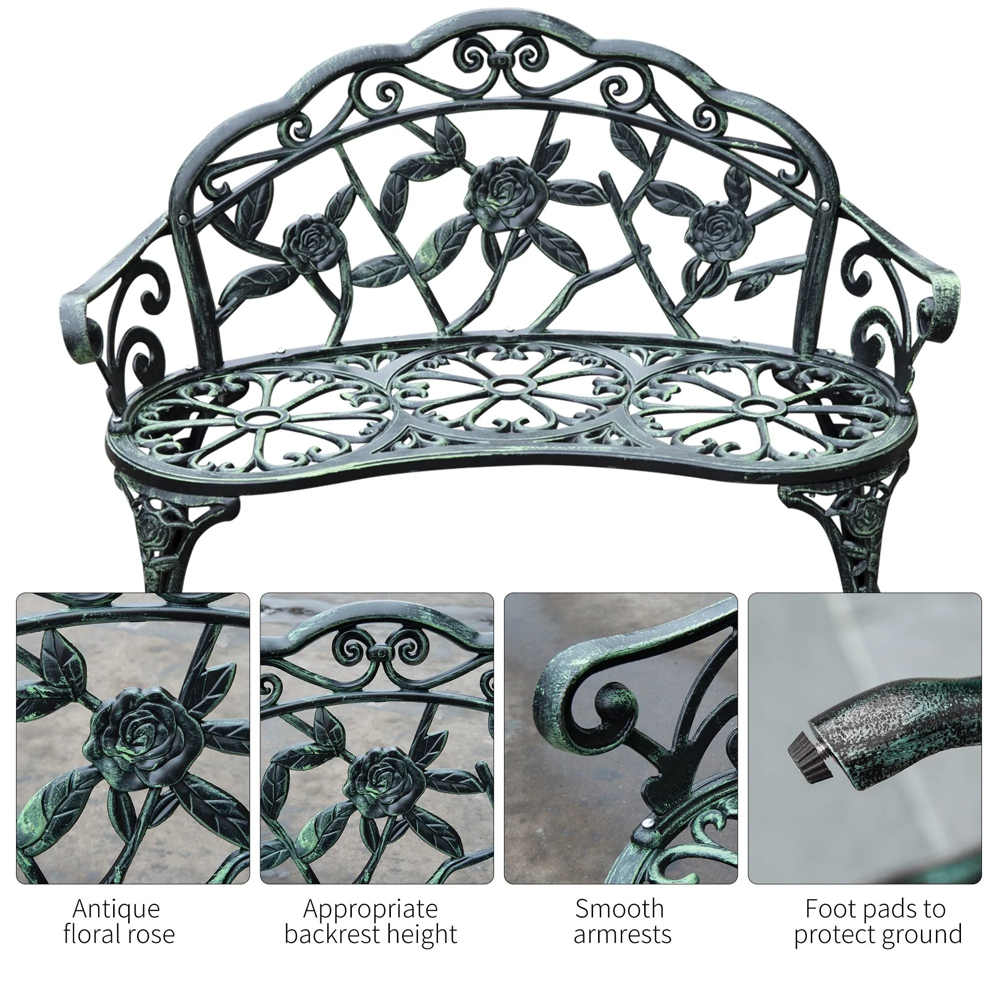 Cast Aluminium Outdoor Garden Patio Antique Rose Style Bench Porch Park Chair Seater - Green