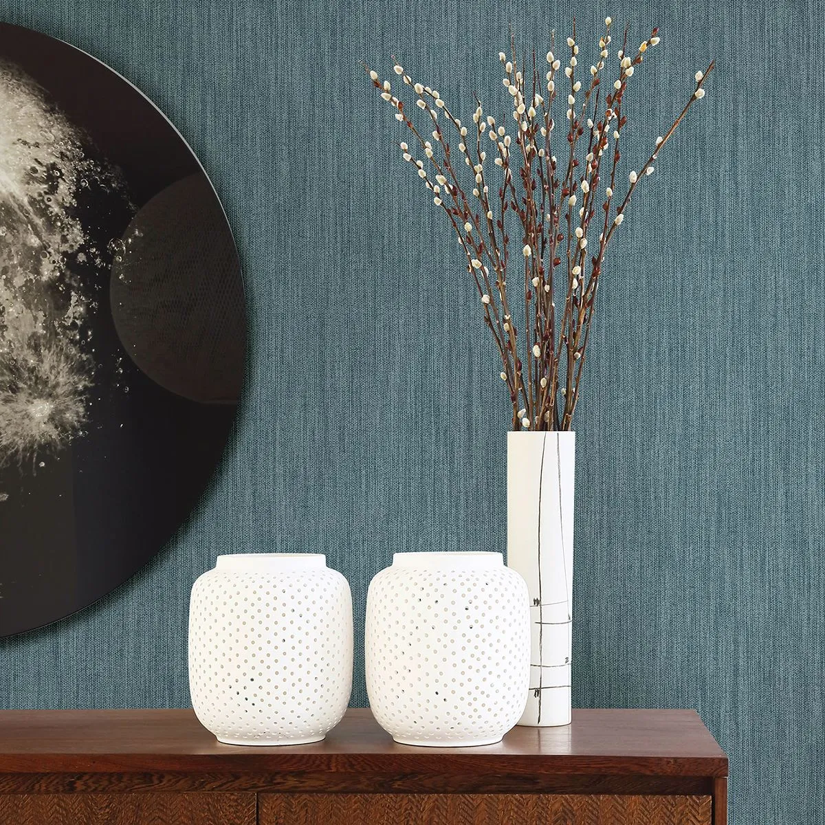 Chenille Faux Linen Wallpaper in Blue from the Bluebell Collection