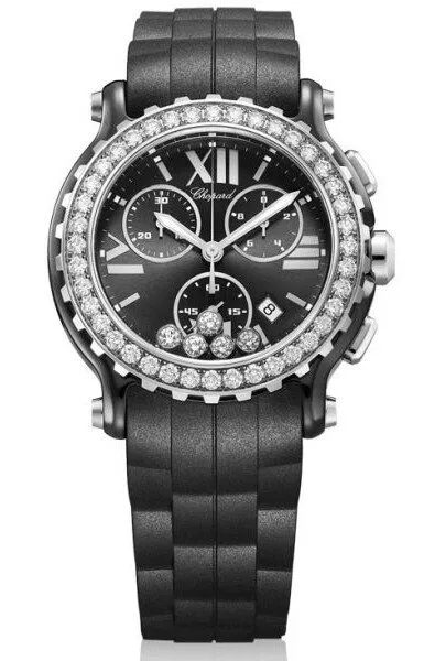 Chopard Happy Sport Black Dial Chronograph Ceramic and White Gold Ladies Watch 288515-9006