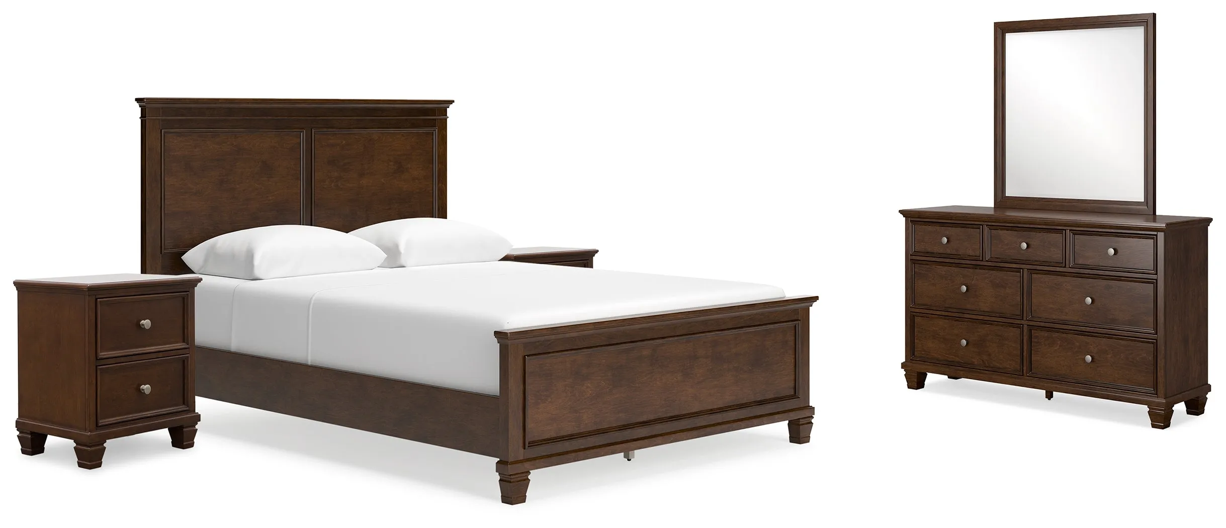 Danabrin Queen Panel Bed with Mirrored Dresser and 2 Nightstands in Brown