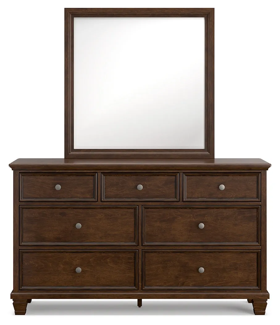 Danabrin Queen Panel Bed with Mirrored Dresser and 2 Nightstands in Brown
