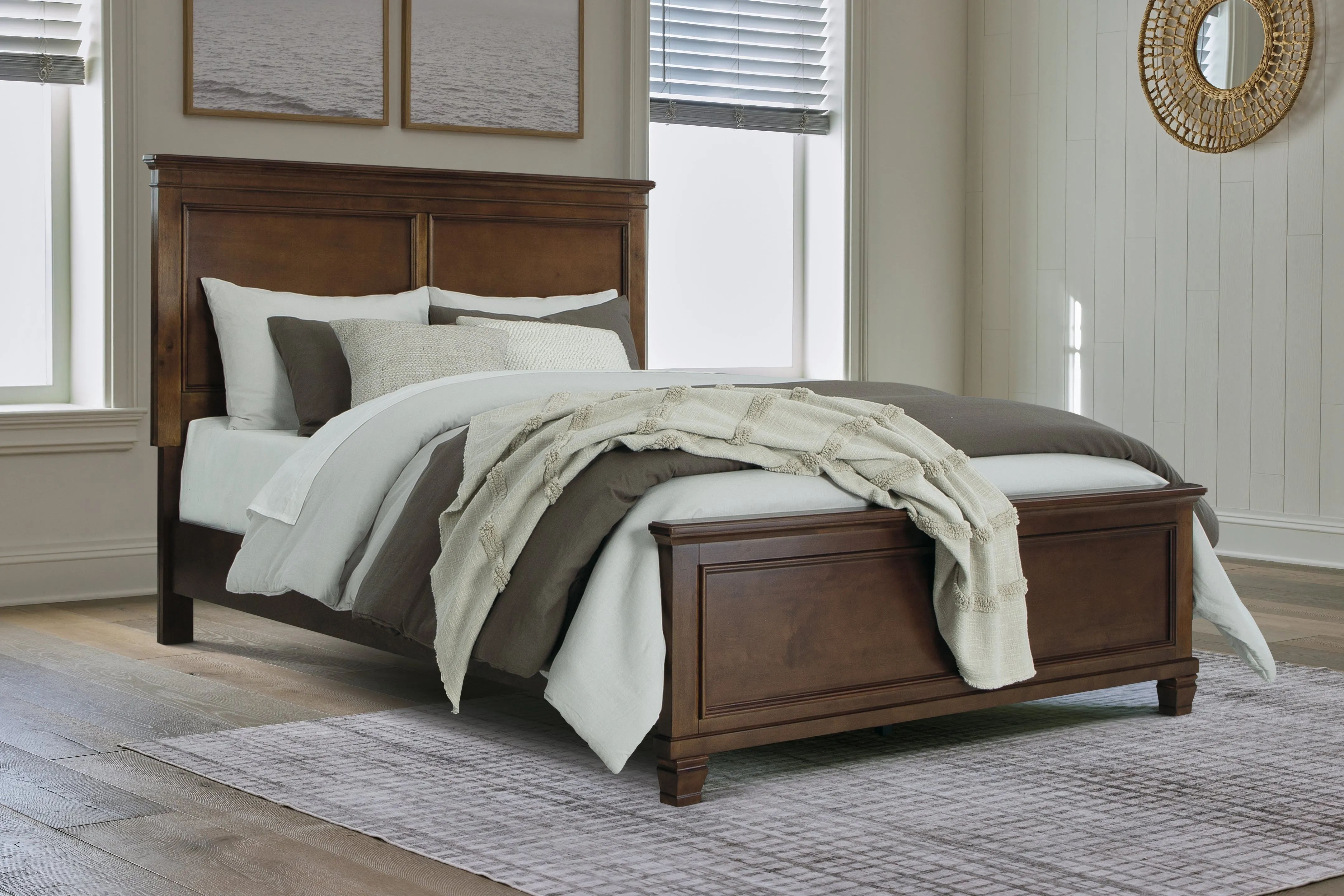Danabrin Queen Panel Bed with Mirrored Dresser and 2 Nightstands in Brown
