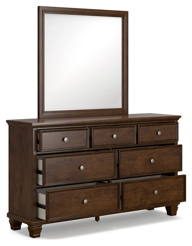 Danabrin Queen Panel Bed with Mirrored Dresser and 2 Nightstands in Brown