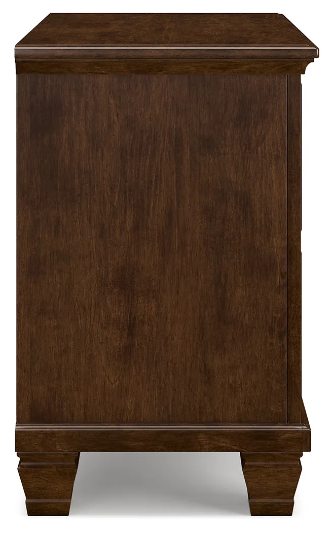 Danabrin Queen Panel Bed with Mirrored Dresser and 2 Nightstands in Brown