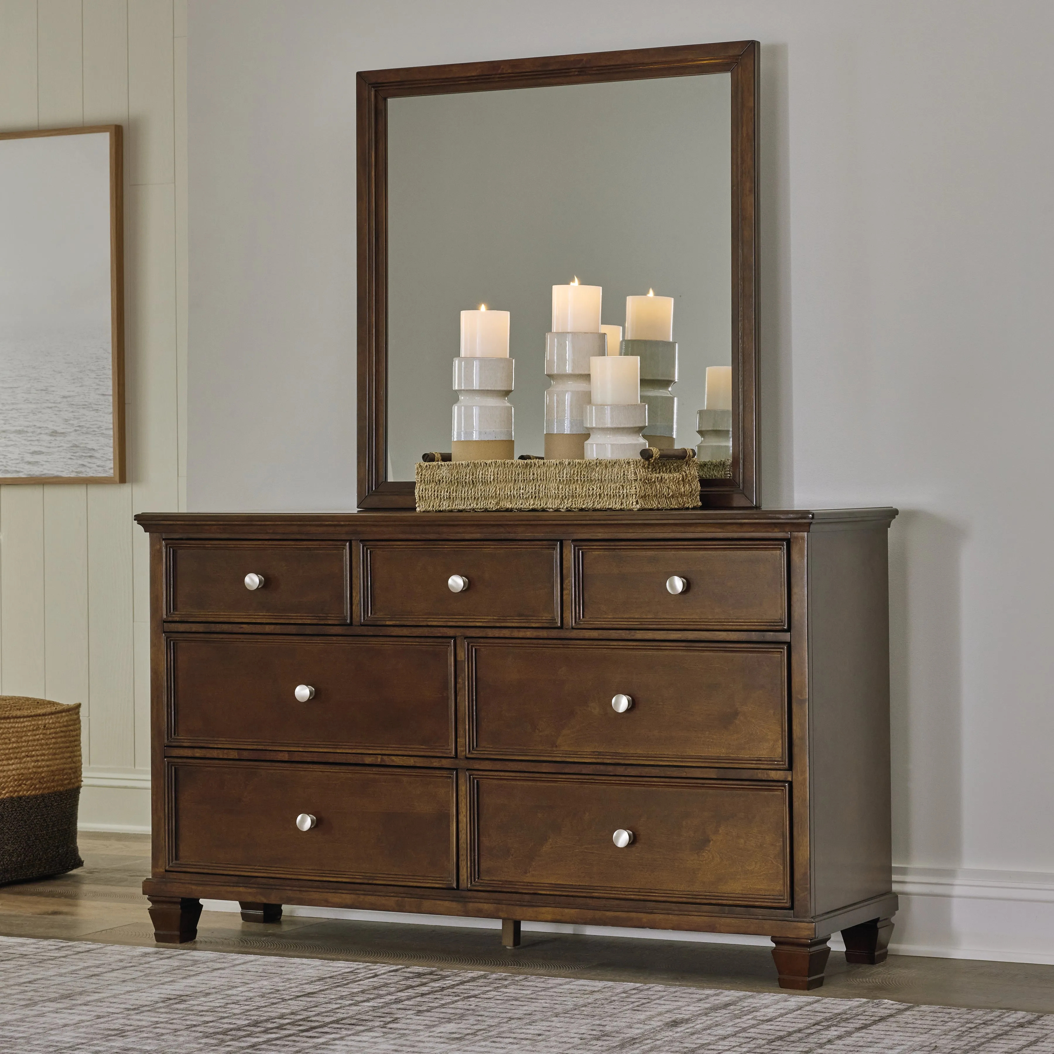 Danabrin Queen Panel Bed with Mirrored Dresser and 2 Nightstands in Brown