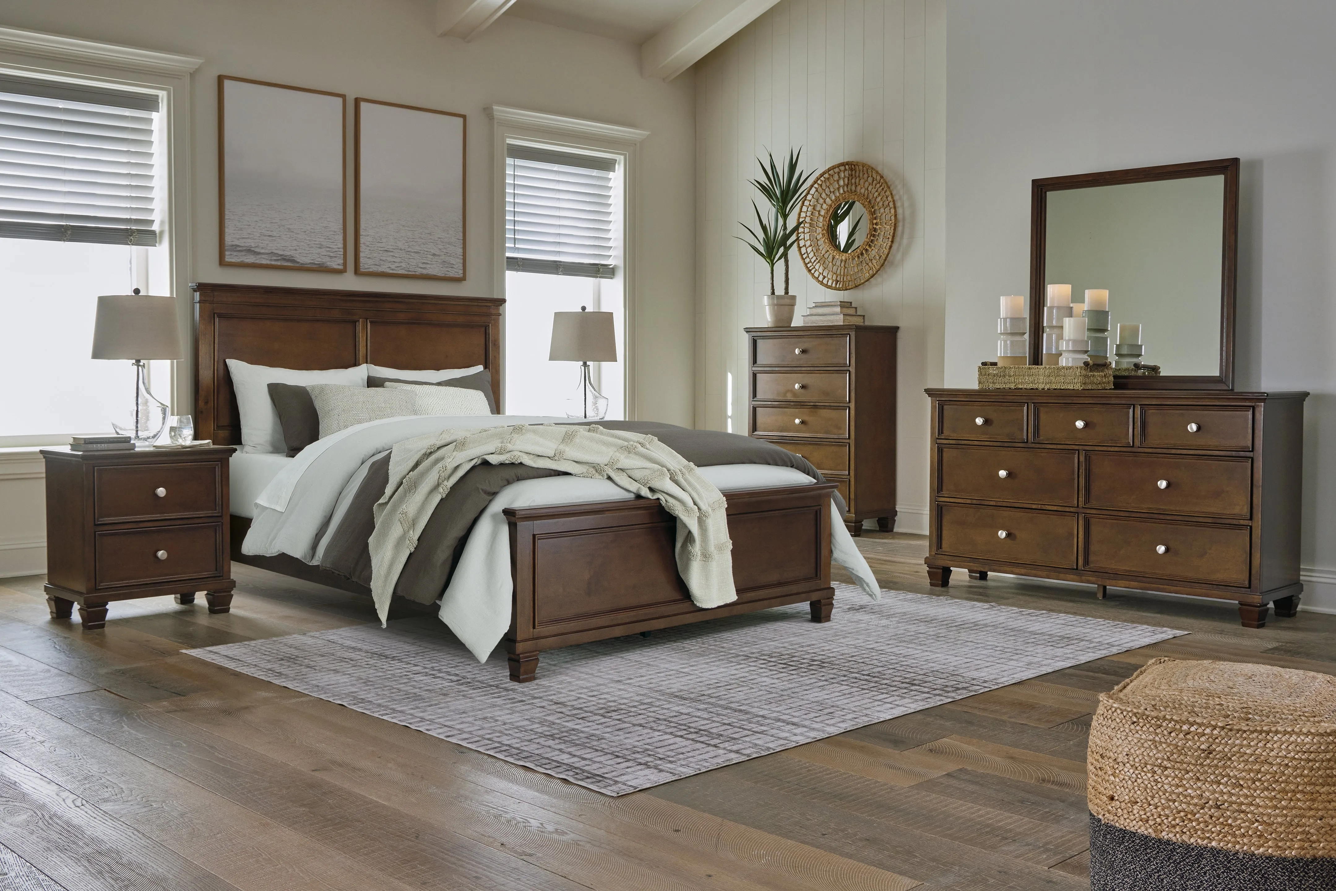 Danabrin Queen Panel Bed with Mirrored Dresser and 2 Nightstands in Brown