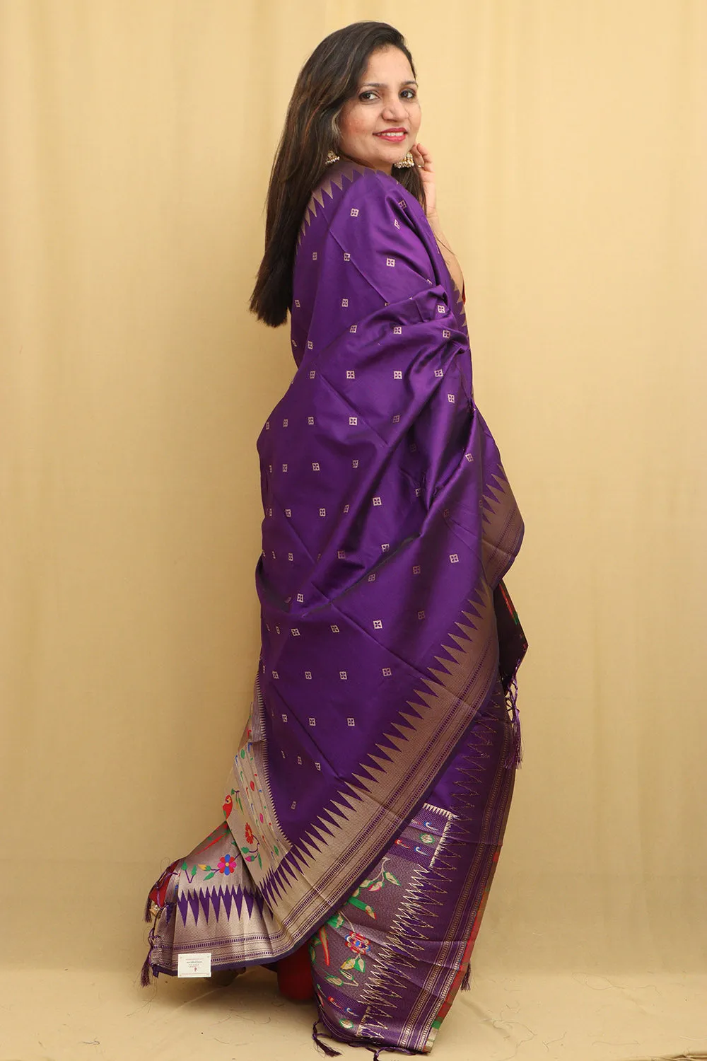 Elegant Purple Paithani Silk Dupatta with Parrot and Floral Design