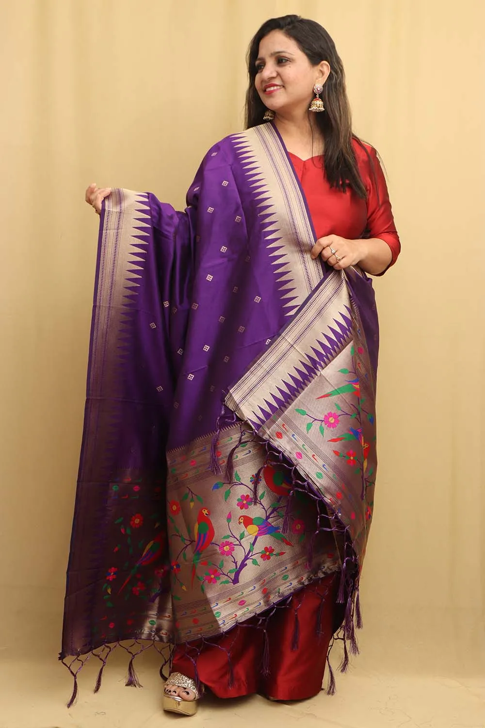 Elegant Purple Paithani Silk Dupatta with Parrot and Floral Design