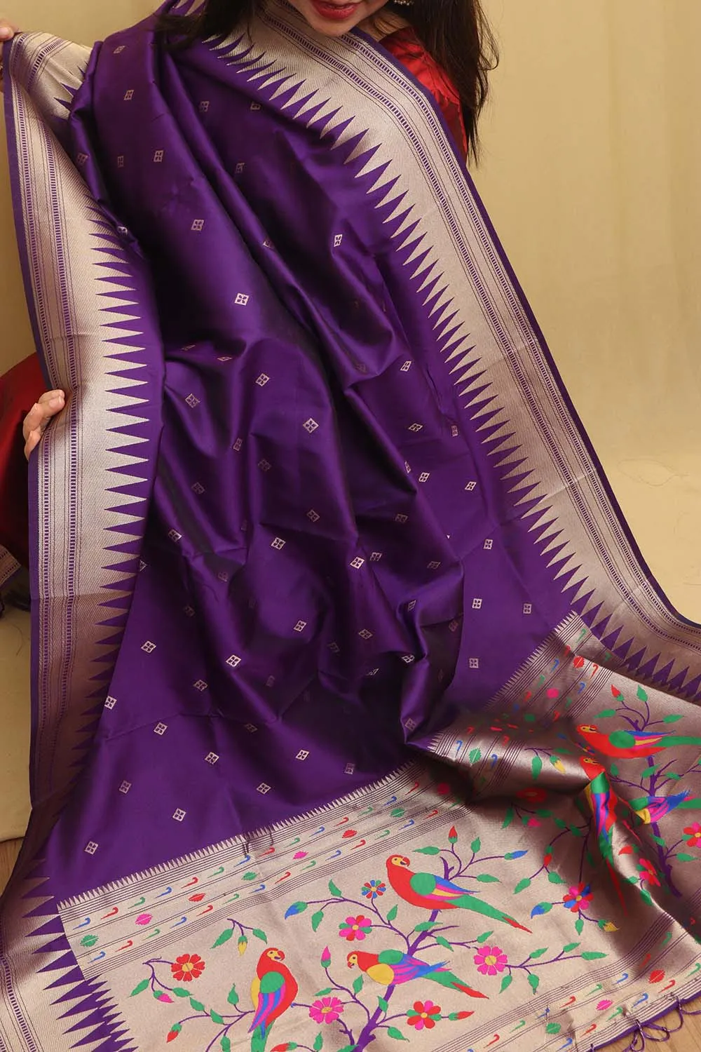 Elegant Purple Paithani Silk Dupatta with Parrot and Floral Design
