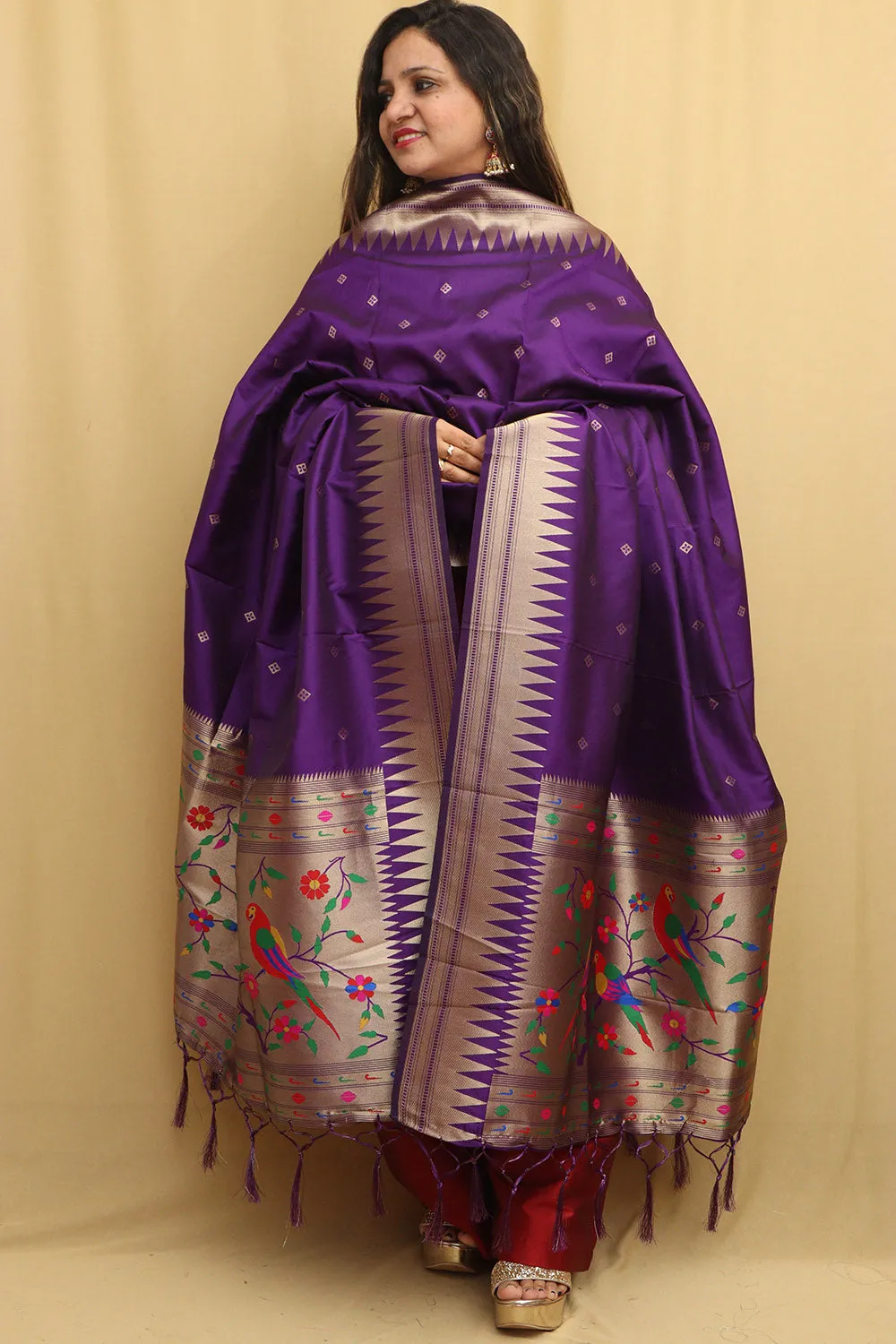 Elegant Purple Paithani Silk Dupatta with Parrot and Floral Design