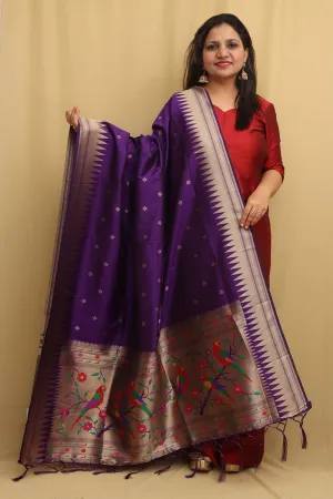 Elegant Purple Paithani Silk Dupatta with Parrot and Floral Design