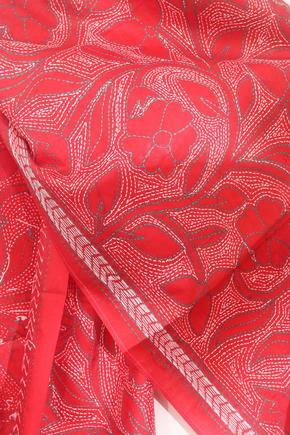Exquisite Red Hand Embroidered Kantha Bangalore Silk Stole