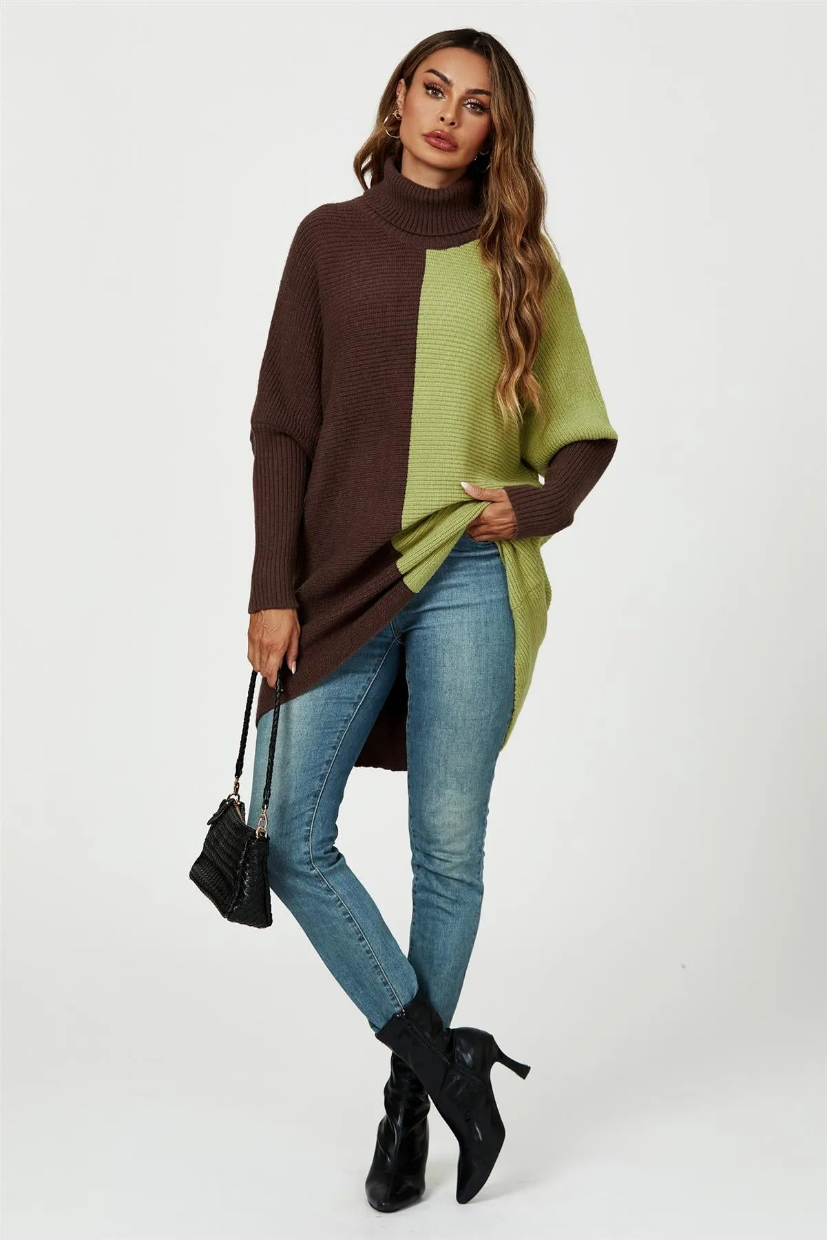 High Neck Half Brown & Green Block Colour Jumper Top