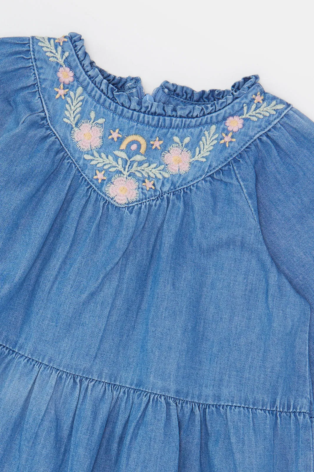 Infant Girls Blue Denim Embroidered Dress