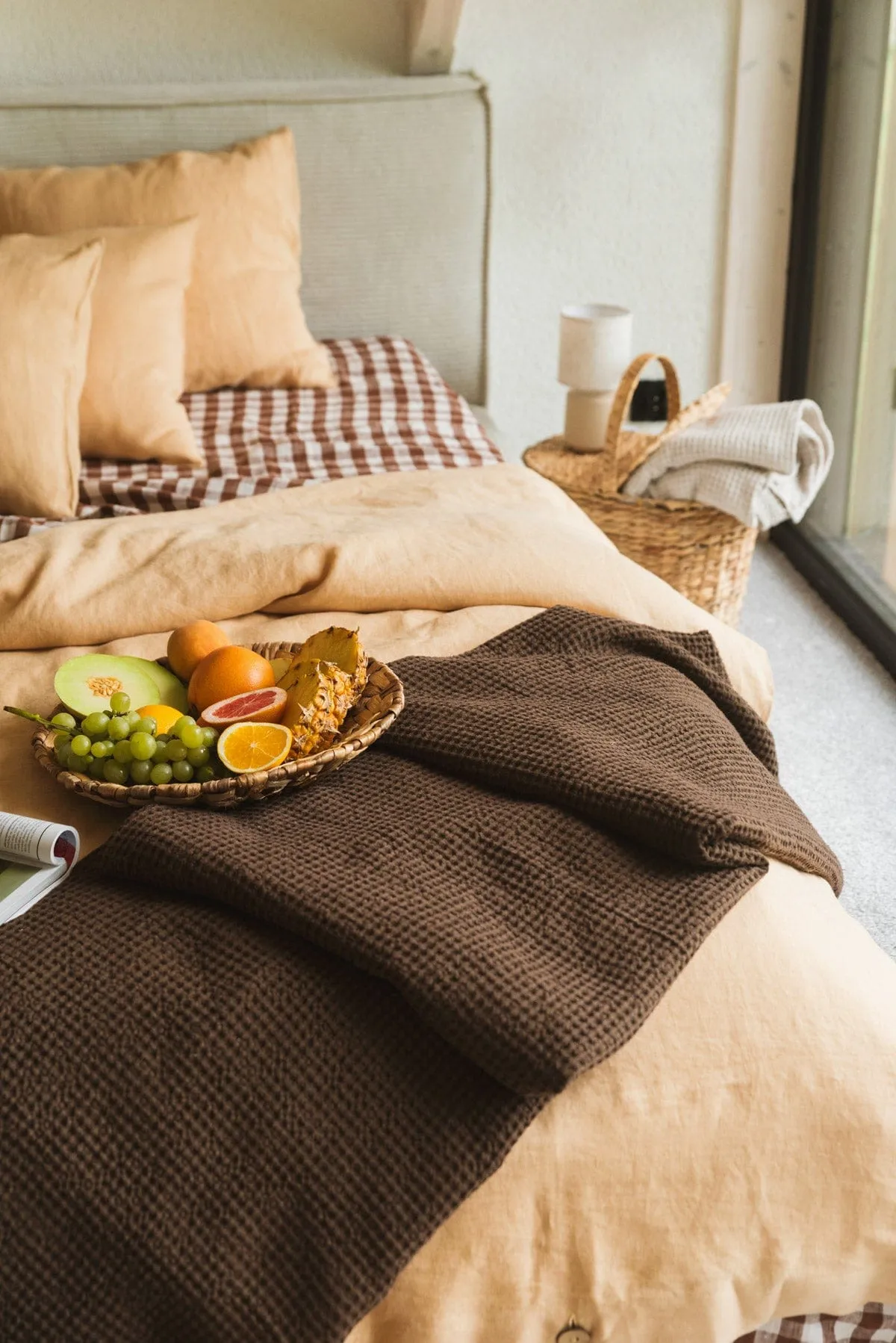 Linen waffle blanket in Mocha Brown