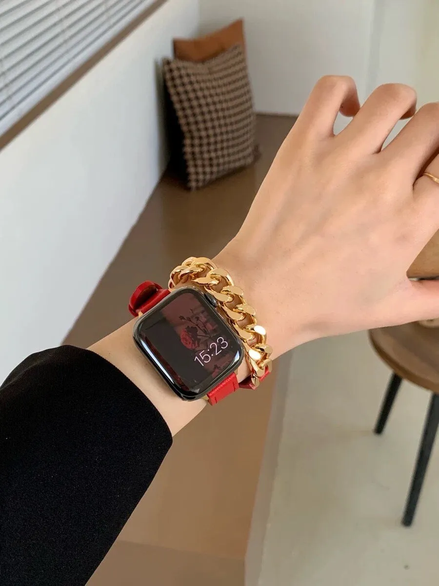 Minimalist Elegant Red Retro PU Leather Design Strap Watch Band Series 12 3 4 5 6 7 8 9 Ultra Generation 38mm 40mm 41mm 42mm 44mm 45mm 49mm