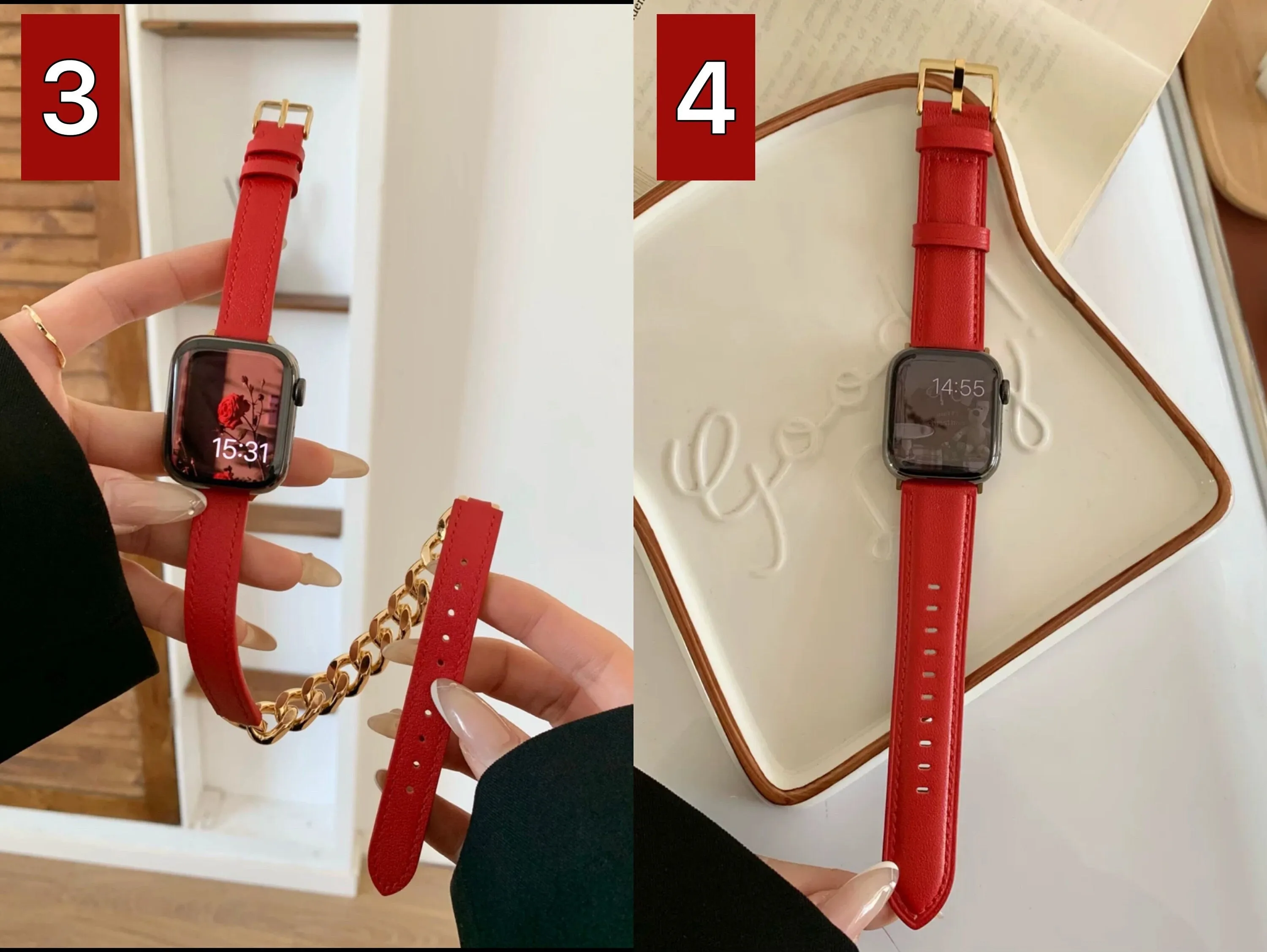 Minimalist Elegant Red Retro PU Leather Design Strap Watch Band Series 12 3 4 5 6 7 8 9 Ultra Generation 38mm 40mm 41mm 42mm 44mm 45mm 49mm