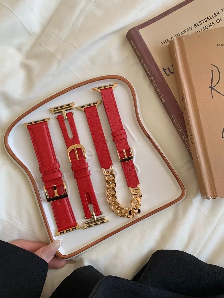 Minimalist Elegant Red Retro PU Leather Design Strap Watch Band Series 12 3 4 5 6 7 8 9 Ultra Generation 38mm 40mm 41mm 42mm 44mm 45mm 49mm