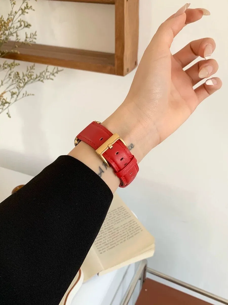 Minimalist Elegant Red Retro PU Leather Design Strap Watch Band Series 12 3 4 5 6 7 8 9 Ultra Generation 38mm 40mm 41mm 42mm 44mm 45mm 49mm