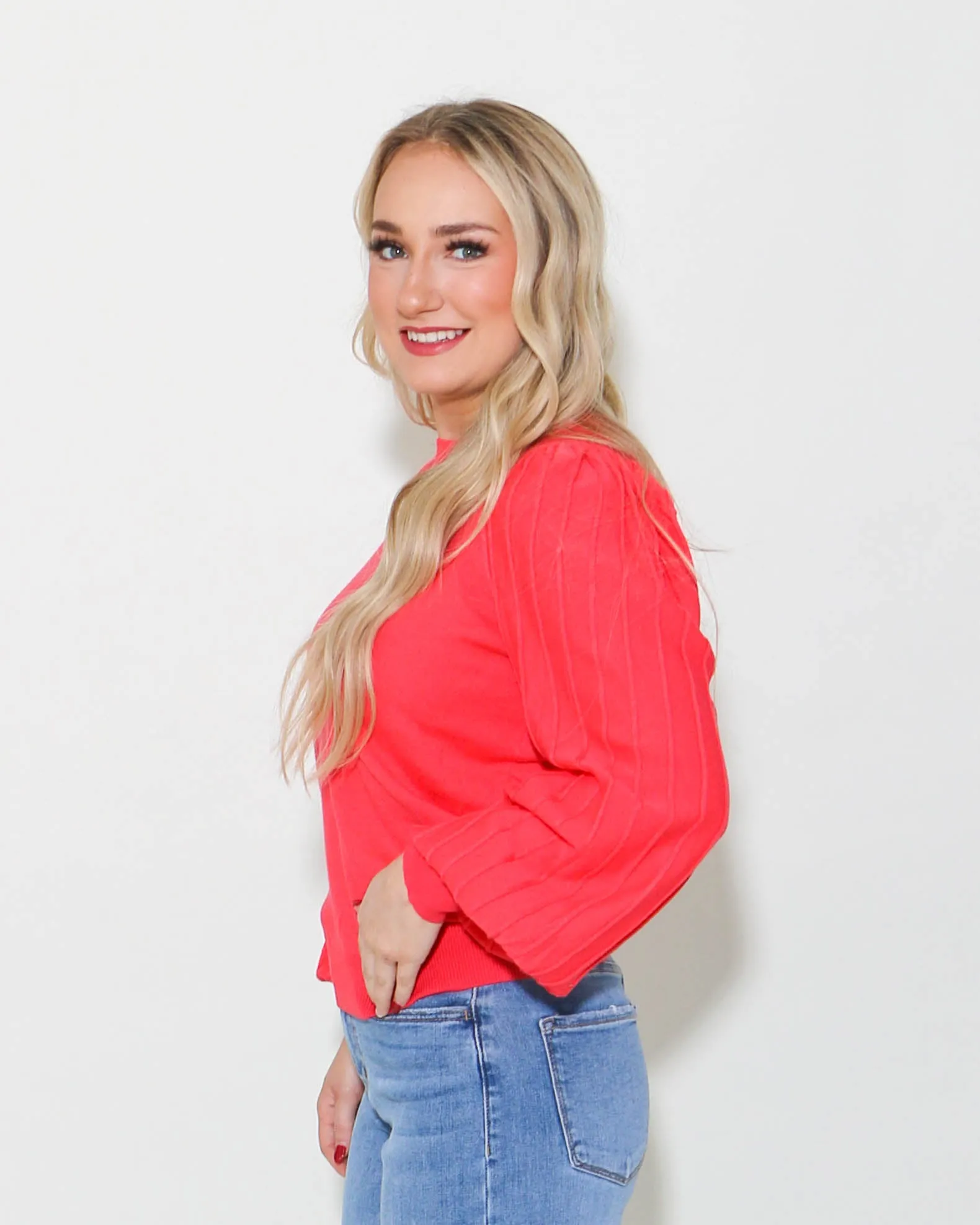 Pleated Puff Sleeve Sweater in Scarlet Red