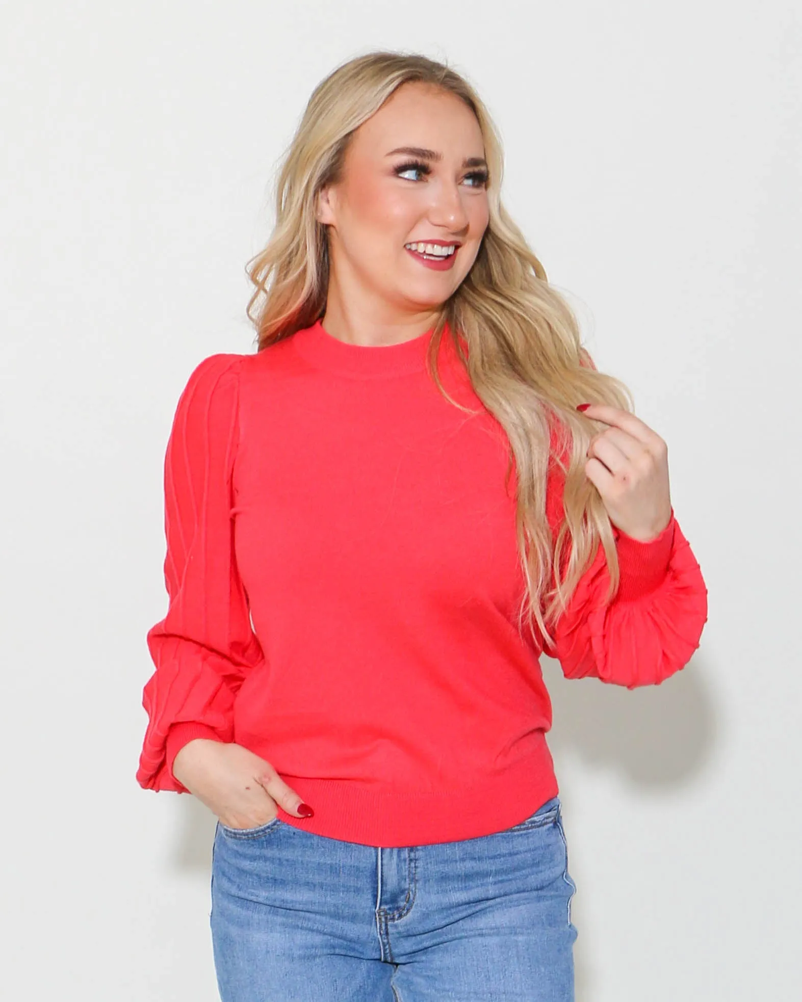 Pleated Puff Sleeve Sweater in Scarlet Red
