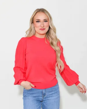 Pleated Puff Sleeve Sweater in Scarlet Red