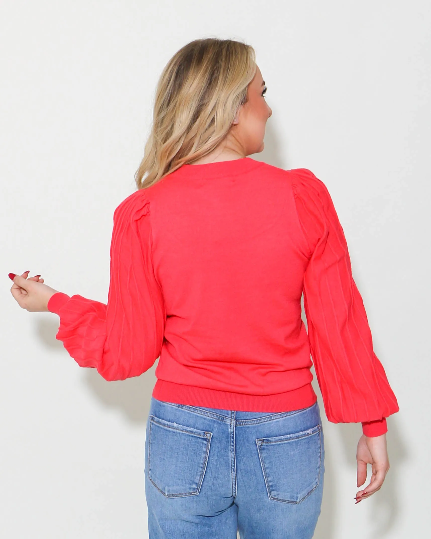 Pleated Puff Sleeve Sweater in Scarlet Red