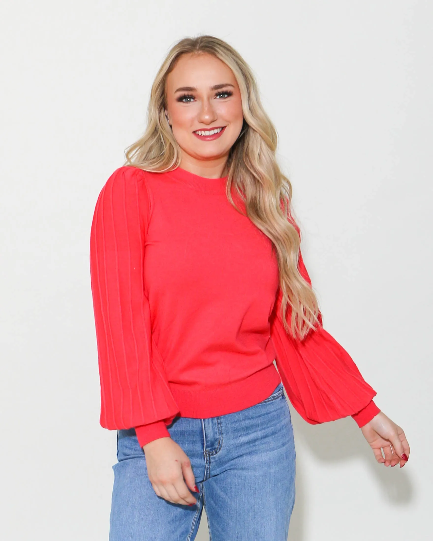 Pleated Puff Sleeve Sweater in Scarlet Red