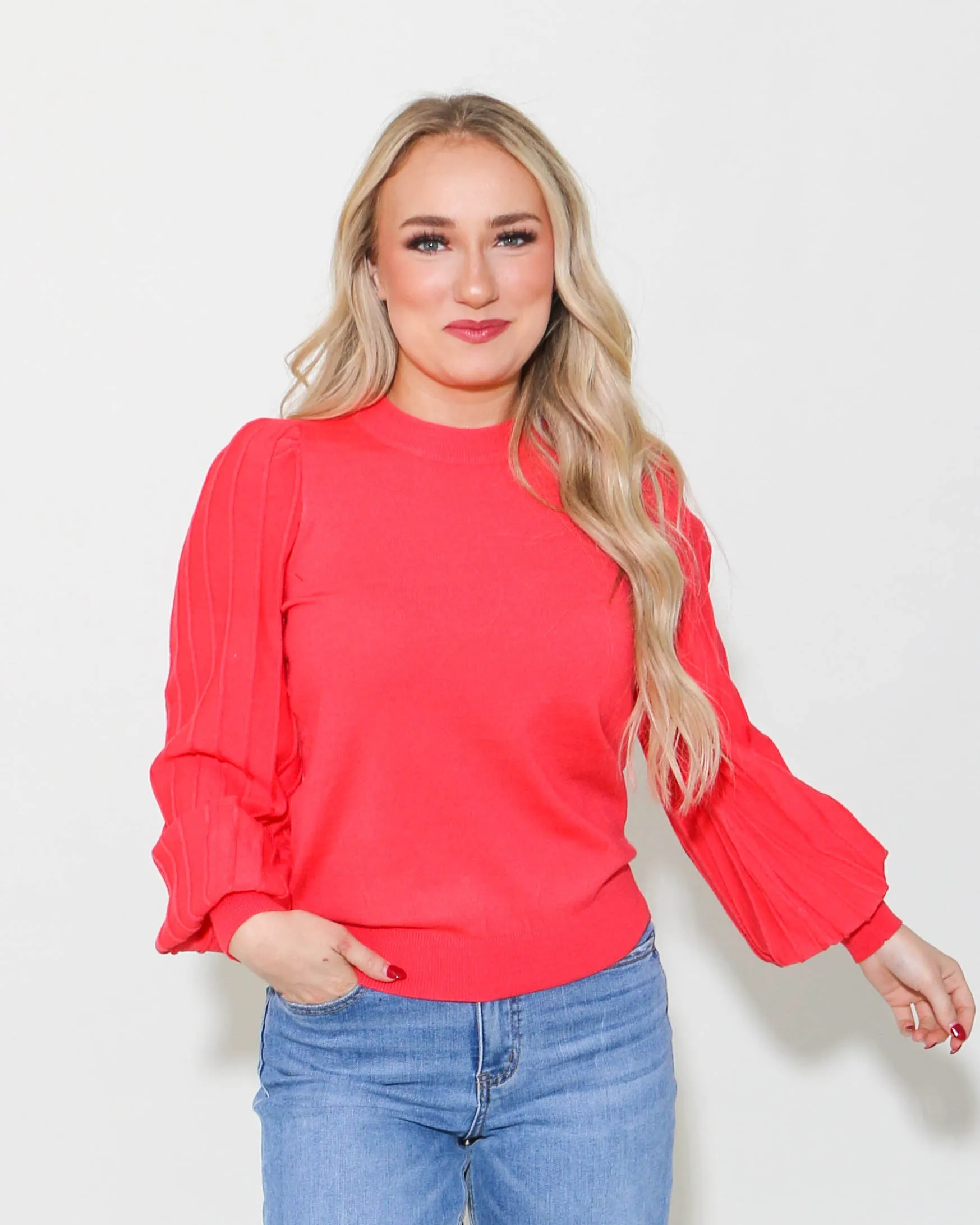 Pleated Puff Sleeve Sweater in Scarlet Red