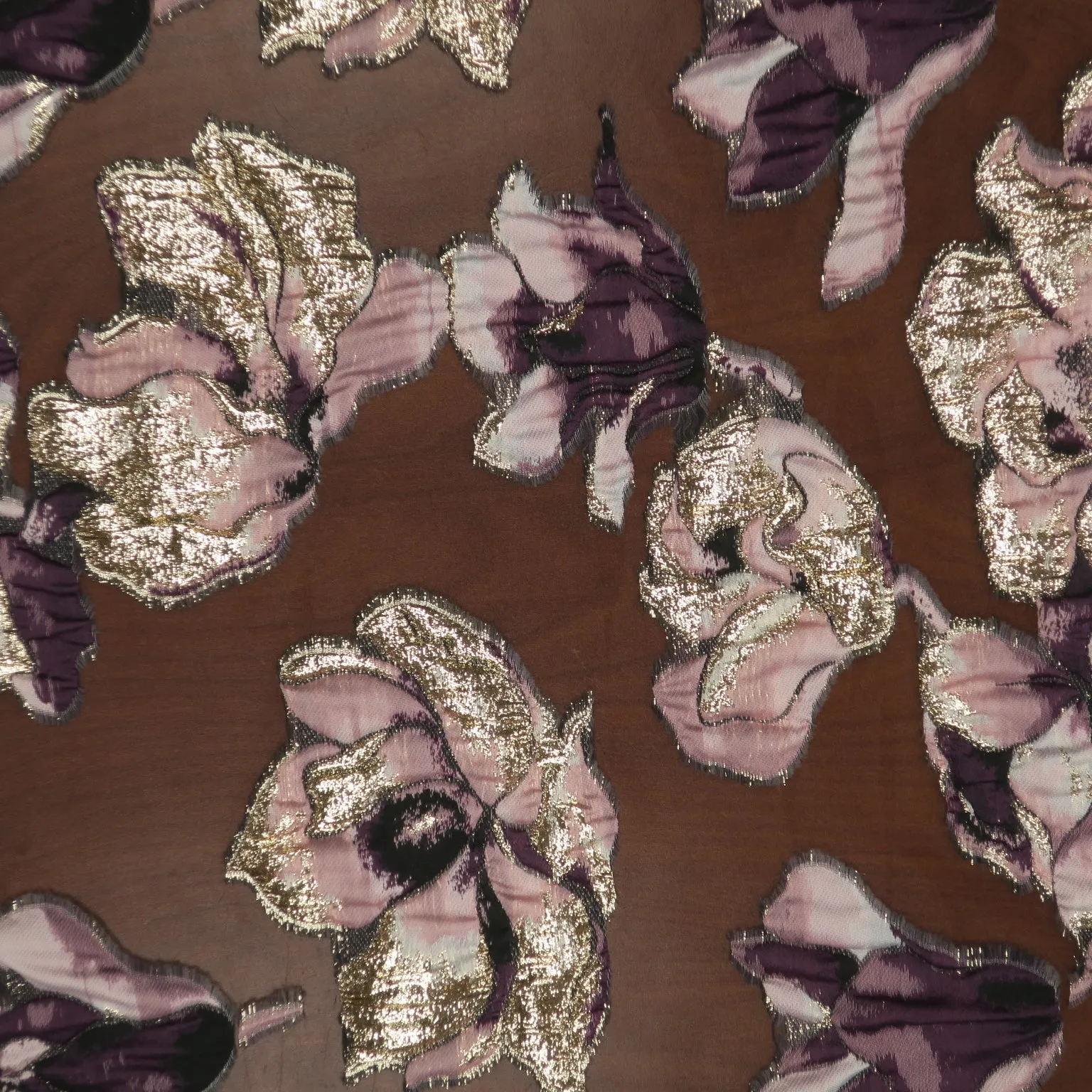 Purple and Gold Floral on a Black Organza Brocade Fabric