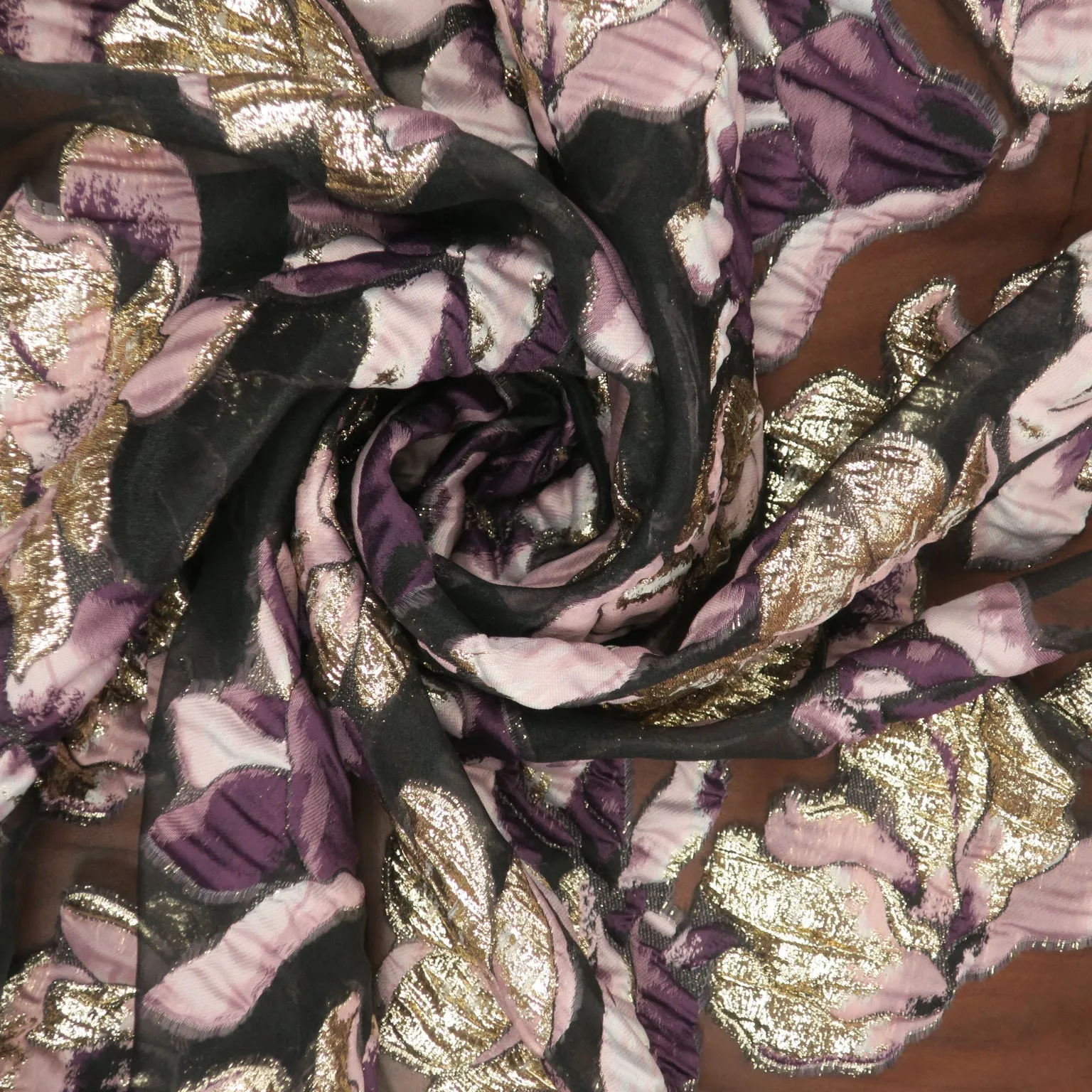 Purple and Gold Floral on a Black Organza Brocade Fabric