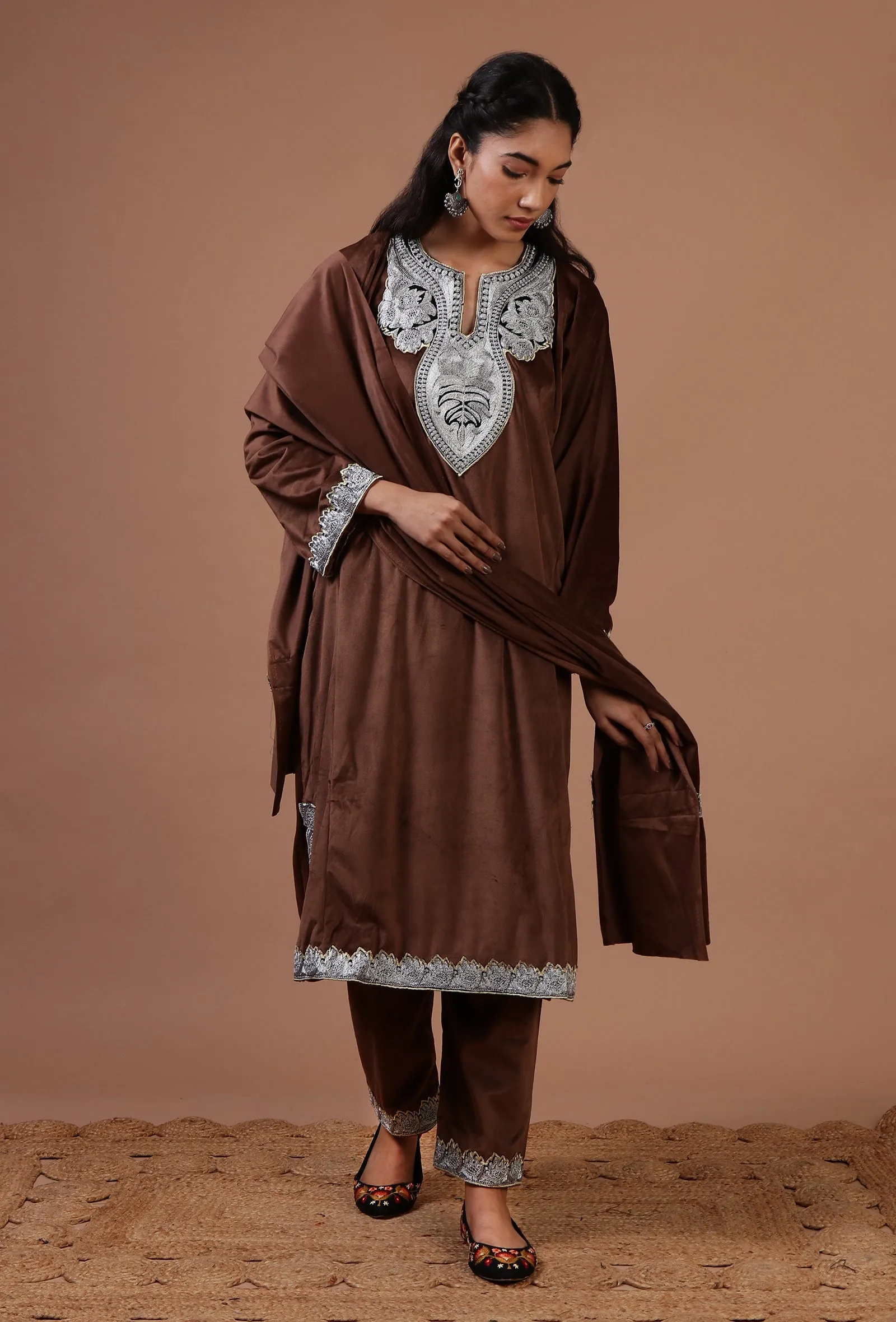 Purple Brown Velvet Zari Embroidered Kurta, Pant And Dupatta Set- Free Size