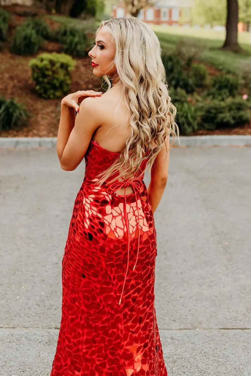 Red Strapless Mermaid Sequins Long Prom Dresses With Split