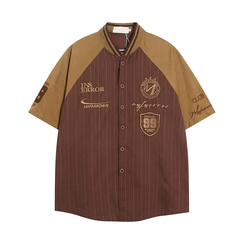 Vintage Baseball Collar Striped Short Sleeve Shirt Knitted Embroidery Preppy Style