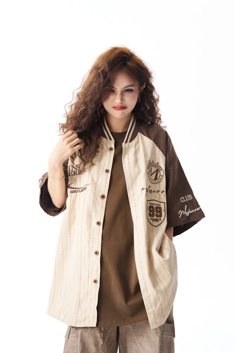 Vintage Baseball Collar Striped Short Sleeve Shirt Knitted Embroidery Preppy Style