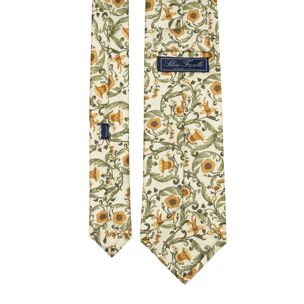 White Green and Ochre Ethereal Garden Duchesse Silk Tie