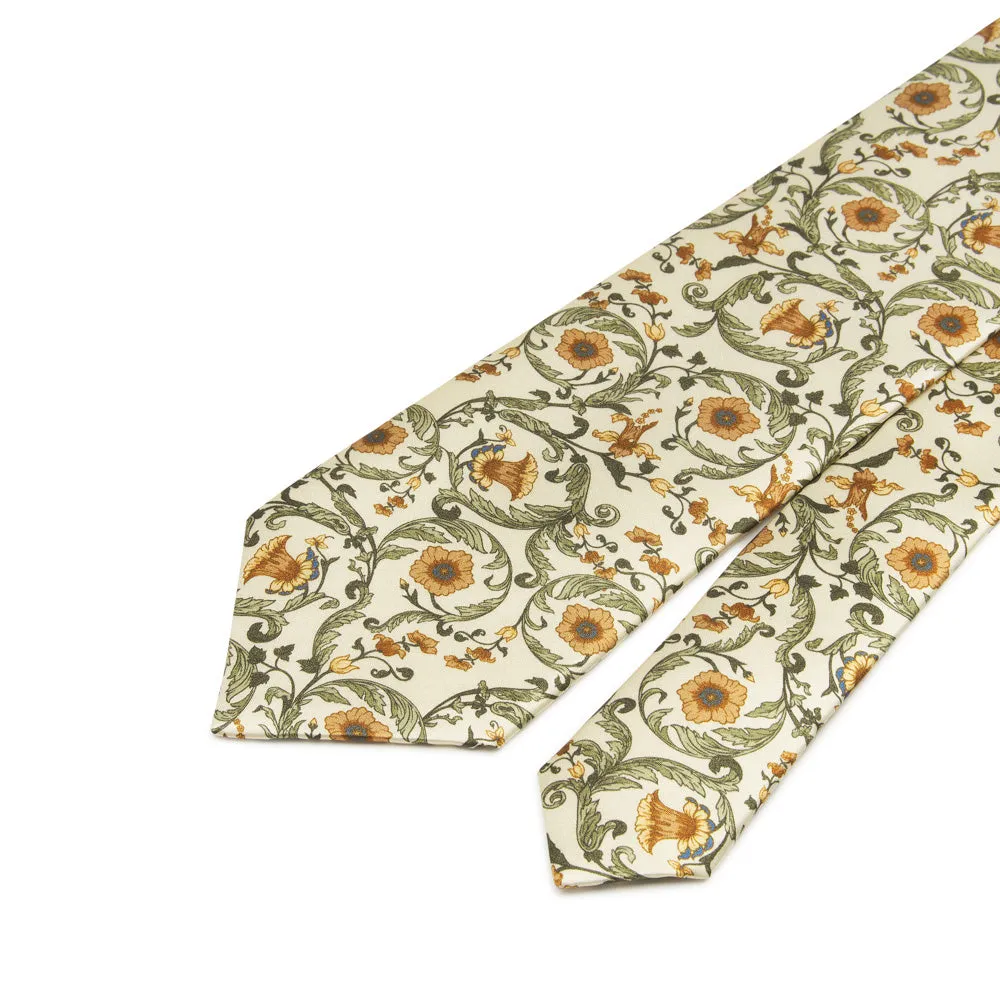 White Green and Ochre Ethereal Garden Duchesse Silk Tie